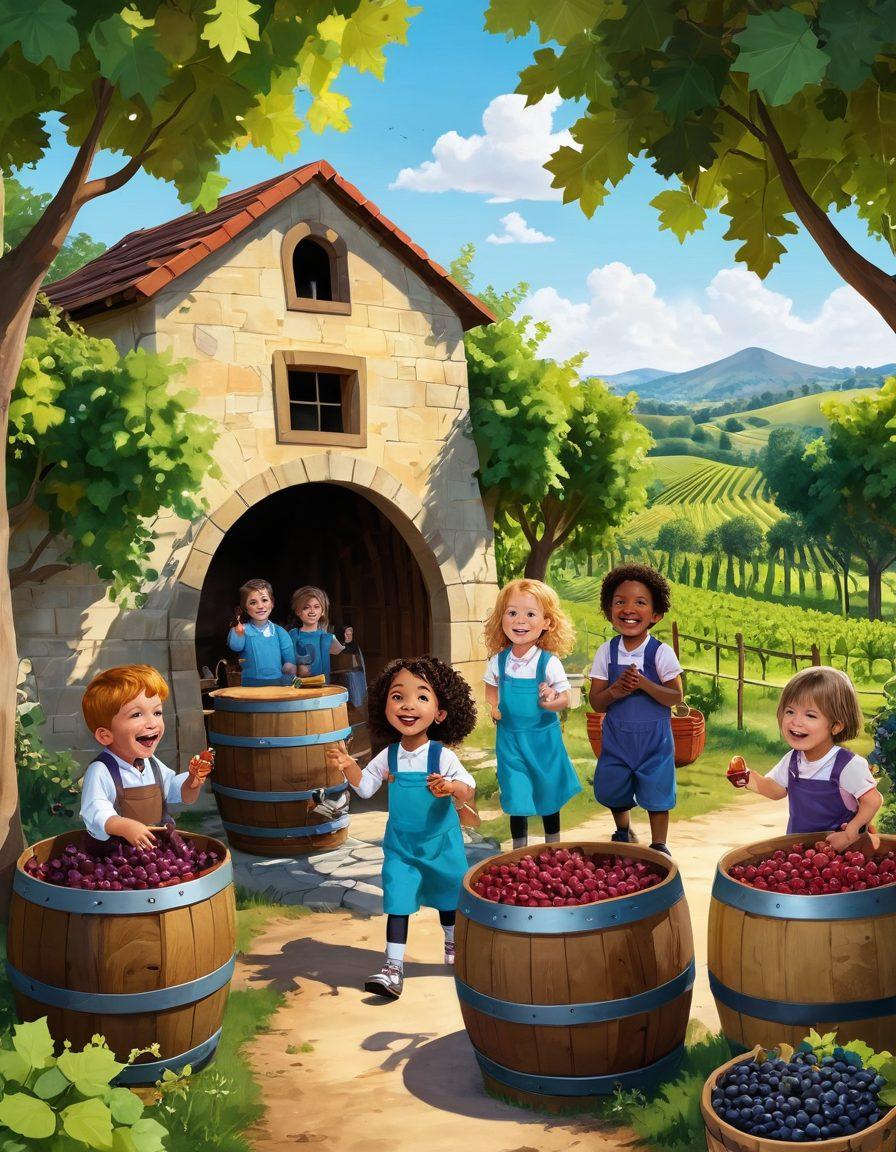A whimsical and colorful scene showcasing diverse preschoolers cheerfully exploring a vineyard, with oversized wine grapes and playful wine barrels as part of their learning environment. Include a friendly adult guiding them with a smile, reinforcing the joy of wine education in a child-friendly way. Bright and engaging design elements should evoke curiosity and adventure, surrounded by lush greenery. vibrant colors. cartoon style.