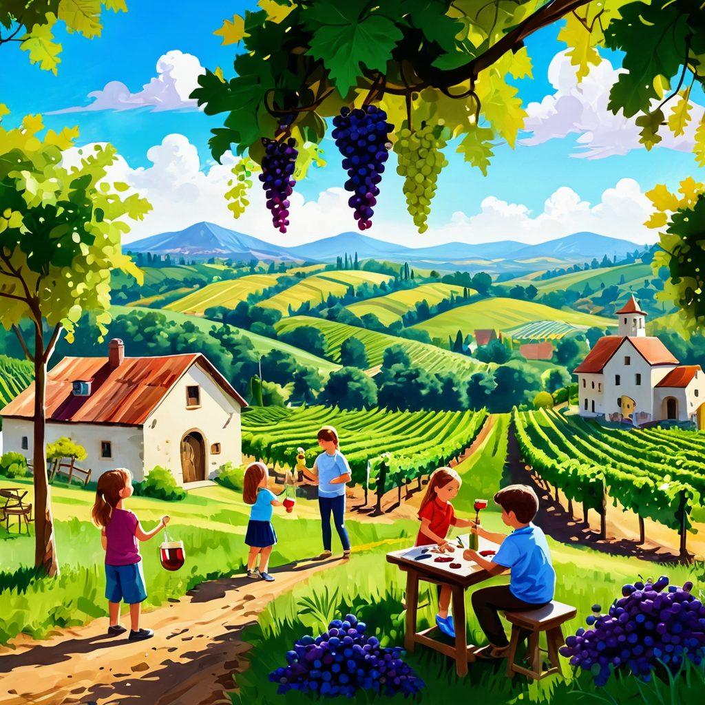 A whimsical vineyard landscape with playful elements, featuring children engaging in creative activities like painting wine bottles, exploring grapevines, and tasting juices in a sunny vineyard. The scene should include lush green hills, ripe grapes hanging, and colorful art tools scattered around. Capture the essence of fun learning in wine-making traditions. Illustration style. vibrant colors. playful atmosphere.