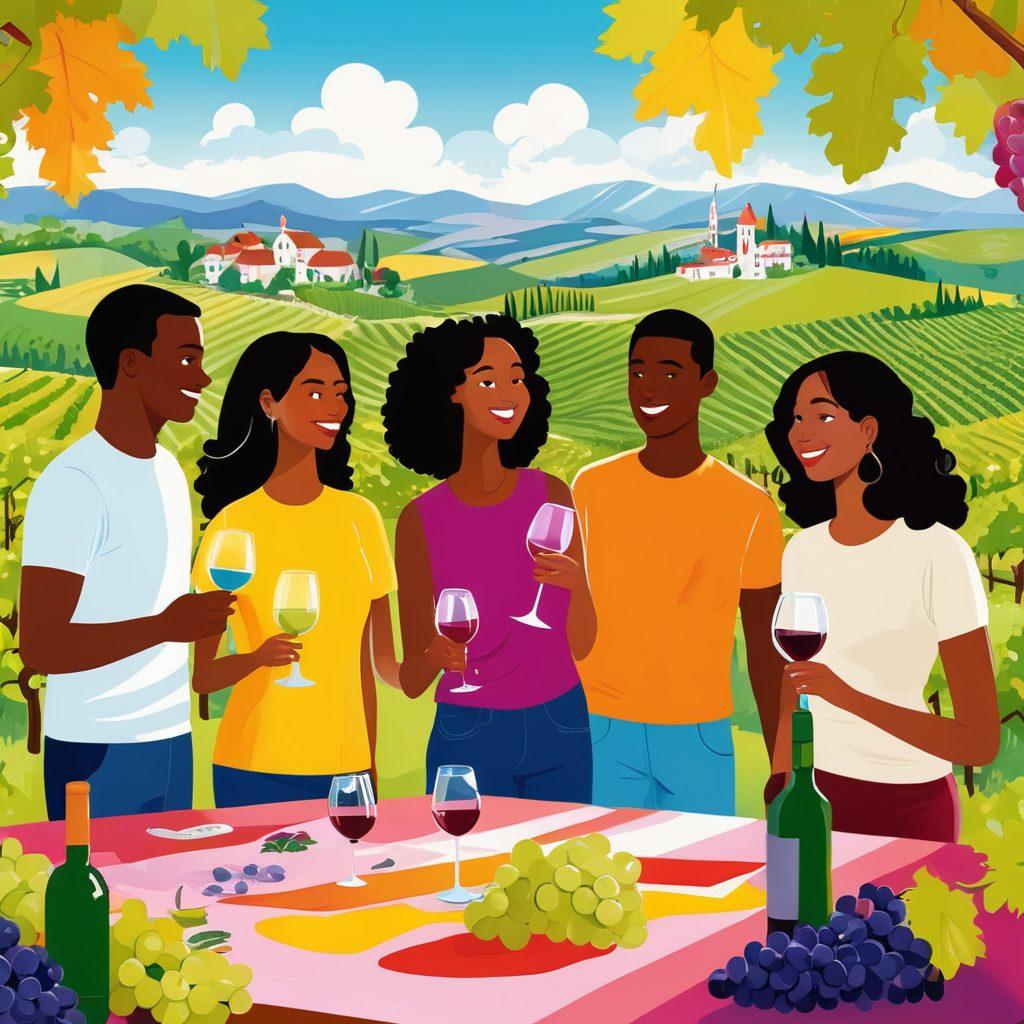 A whimsical scene featuring a group of diverse young adults surrounded by colorful wine bottles, playful wine glasses, and vibrant grapes. They are engaged in educational games and activities that showcase wine culture, with a backdrop of vineyards and rolling hills. The atmosphere is lively and inviting, emphasizing fun and learning. Bright colors and a playful style enhance the youthful energy of the scene. vector art. vibrant colors.
